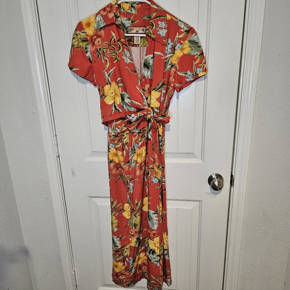Caribbean Joe Tropical Floral Rayon Faux Wrap Maxi Dress Red Petite Medium PM